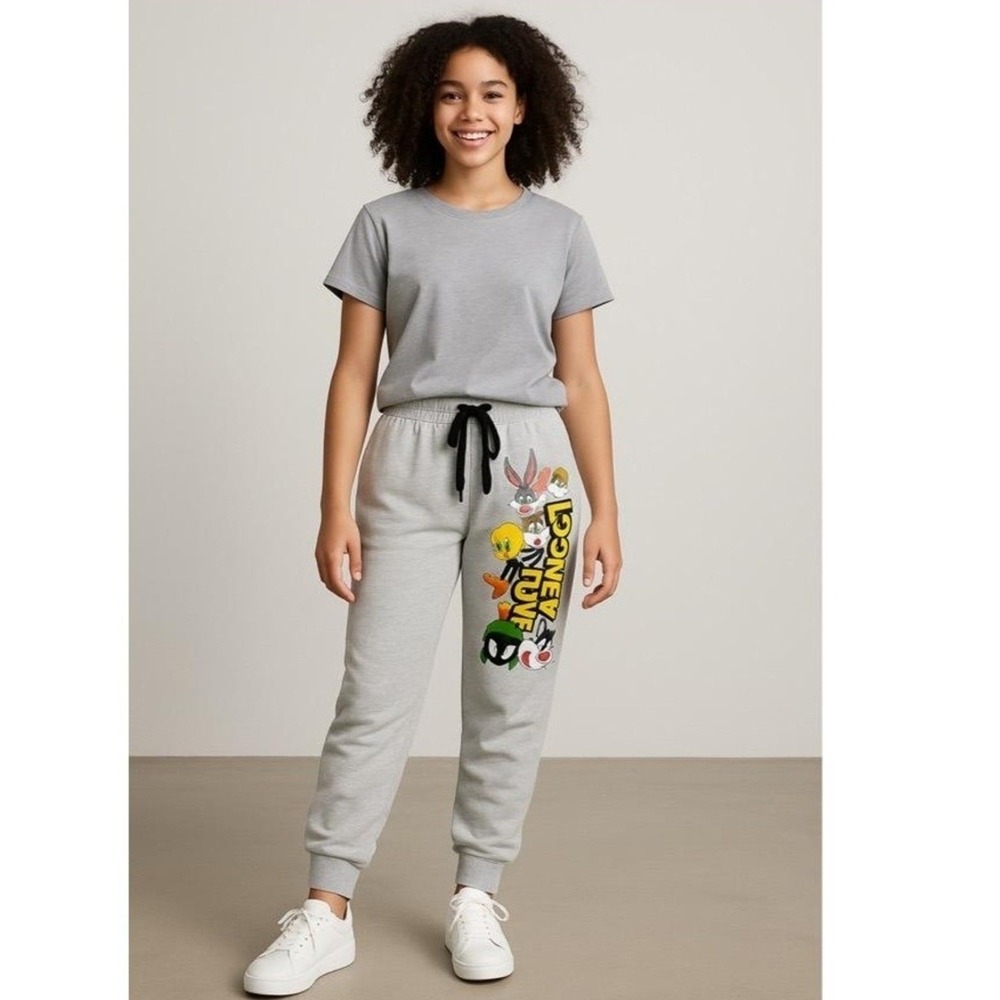 Looney Tunes Sweatpants Juniors Medium Grey Elastic & Drawstring Cuffed Joggers